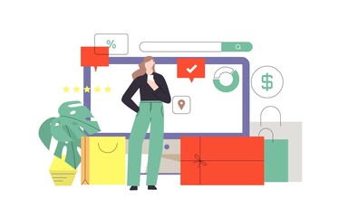  Woman shopping online, order and delivery concept, using mobile application, buy and pay online vector illustration. E-commerce and shopping design for banner, landing web page, mobile, web graphics