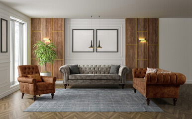 3D rendering of modern living room .modern furniture set.