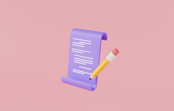 Paper with pencil on pink background.Planning and organization of work, notepad, project plan, Document icon, document file, checklist. Remind or checklist and education concept.3d render illustration