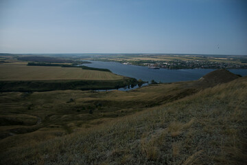 Summer landscape with a view of the river with steep banks. Volga River, Russia, Ulyanovsk