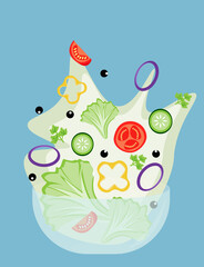 Set of vegetables for salad. Tomato, cucumber, pepper, onion, lettuce, spices, white sauce.