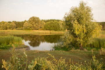 Beautiful autumn nature landscape view. Small river along field merging to blue sky.