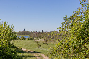Meadow in the Molenplas nature reserve seen from a hill, green foliage, a path to the Bomenmonument, trees and a church tower in the background, sunny day in Stevensweert, South Limburg, Netherlands