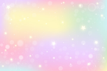 Rainbow fantasy background. Holographic illustration in pastel colors. Multicolored sky with stars and bokeh.