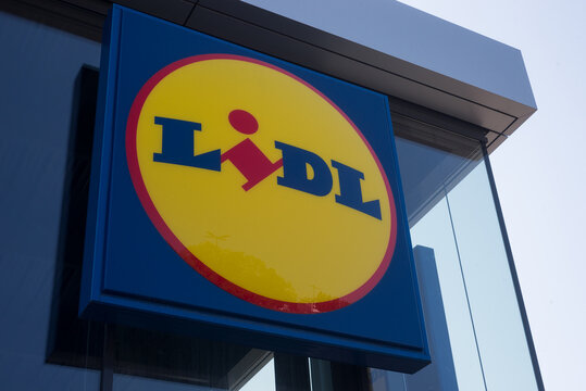 Mulhouse - France - 8 May 2022 - Closeup of lidl logo on supermarket store front