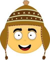 Vector illustration of the face of a yellow cartoon character with an indigenous or classic hat of peruvian culture