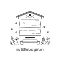Beehive with flowers and flying bees. Little Bee garden concept, logo