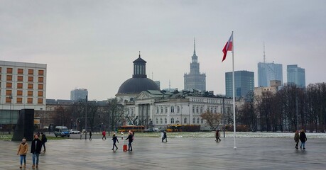 Panorama of Warsaw with Polish flag