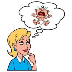 Girl thinking about Kids - A cartoon illustration of a Girl thinking about having Kids.
