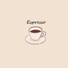 Vector hand-drawn illustration of hot espresso in ceramic cup