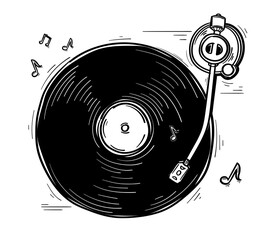 Drawn monochrome playing musical turntable