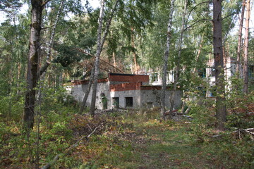 destroyed brick buildings on the territory of an old children's camp in the summer forest. Ulyanovsk