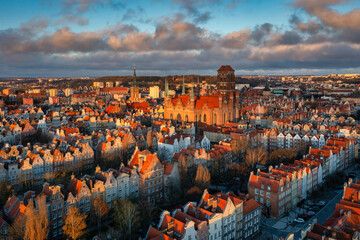Aerial view of the beautiful Gdansk city at sunrise, Poland