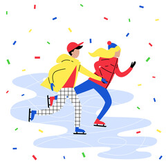 Vector winter illustration. Man and woman skating on ice rink.