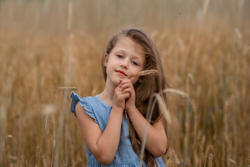 girl is standing  in a field of wheat and touching the spikelet