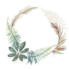 Watercolor wedding tropical wreath. Jungle exotic design. Hand drawn illustration