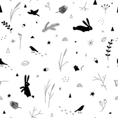 Seamless winter pattern: forest landscape with small animals