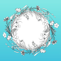 Fototapeta na wymiar Black and white floral wreath of wild flowers but blue background. Floral frame, template.