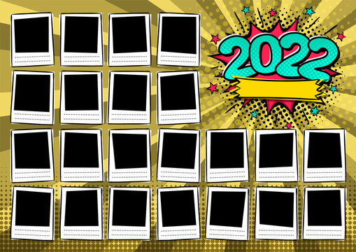 Comic Photo frame for class of 2022 in pop art style. A photo album for a graduating class or community. Vector Template for the design of frames for Kindergarten, photographs, posters, cards.