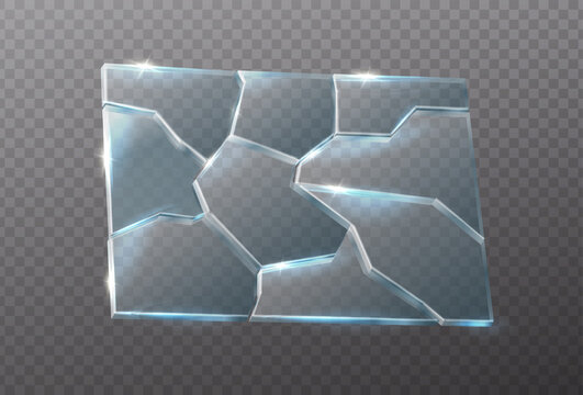 3d realistic vector. Cracked glass transparent plate with shuny sparkles.