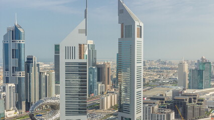 The view on Emirates Towers and Sheikh Zayed road aerial timelapse