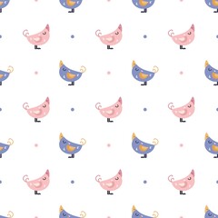 Seamless vector pattern with cute birds and polka dots. Fun hand drawn background for kids room decor, nursery art, wrapping paper, textile, print, wallpaper, gift, fabric, card, packaging, apparel.