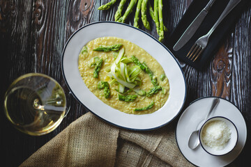 Food photo. Risotto with fresh asparagus. Healthy food