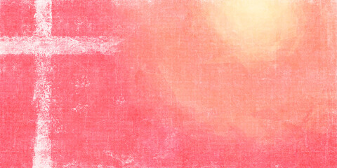white painted cross on peach pink to light yellow textured sun background, off-centered with copy space