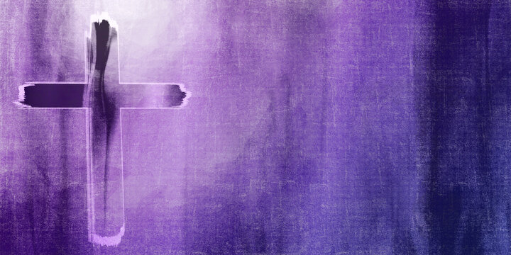 purple cross on distressed texture background, off-centered, with copy space