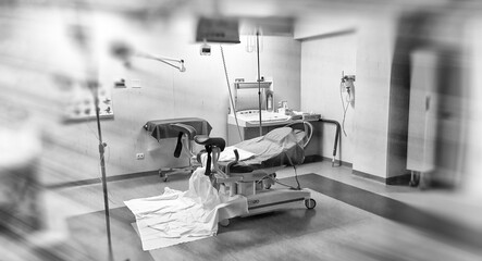 View of an empty hospital bed in the maternity ward at a hospital
