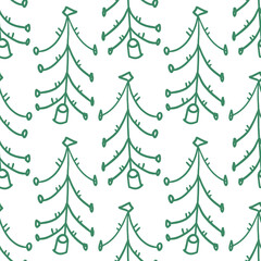 Green freehand drawing spruce forest seamless pattern. Christmas tree background. 