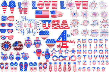 Fototapeta American Patriotic 4th of July Bundle. USA celebration  national symbols set for independence day isolated on white background. USA Independence Day Clipart obraz