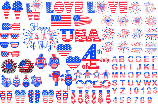 American Patriotic 4th of July Bundle. USA celebration  national symbols set for independence day isolated on white background. USA Independence Day Clipart