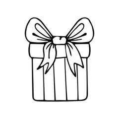 Box gift line art. Present in wrapping paper with a bow tied with a ribbon. Party gifts. Merry holiday. Hand drawn vector doodle illustration. Outline drawing.
