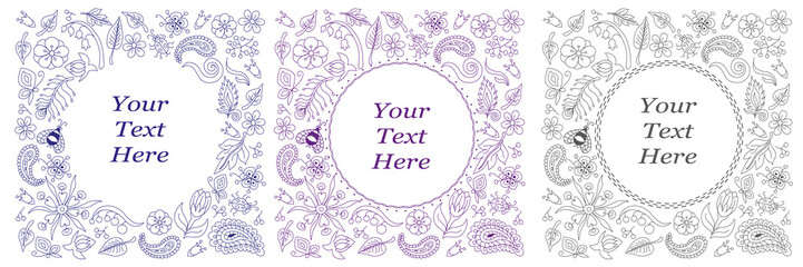 Round shape in a square from a doodle of flowers, leaves, insects, berries.

One line hand drawn nature elements for invitation, congratulations, design, frame for text.
