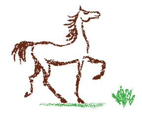 Comic funny trotting proud horse. Hand drawn crayon or pencil cartoon doodle happy character. Artistic stroke kid style. Smiling friendly pet with grass flower. Vector simple equestrian art