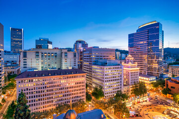 Aerial view of Portland skyline at summer night, Oregon, USA.