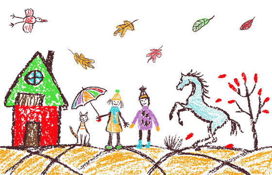 Crayon hand drawn cozy autumn outdoor banner background. Boy, girl, cat, horse, tree, house, falling leaves in garden. Like kids style doodle simple funny vector. Pastel chalk or pencil child cartoon