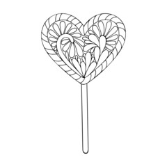 Coloring page caramel candies. Holiday sweets. Lollipop on a stick. Hand drawn vector doodle illustration. Coloring book for children and adults. Black and white sketch line art.