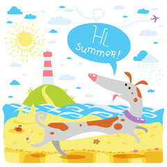 Cute seasonal banner with happy running dog. Summer beach, coast of the sea, sand, crab, lighthouse. Vector illustration for sticker, bookmark, greeting card, print,  other childish accessories