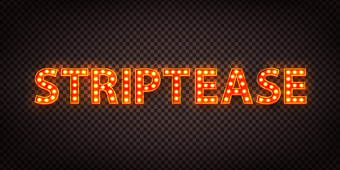 Vector realistic isolated retro marquee billboard with electric light lamps of Striptease logo on the transparent background.