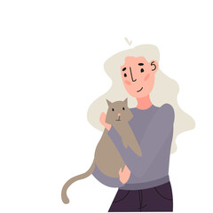 Smiling girl with cat vector illustration. Cute domestic animal.