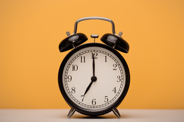 Black alarm clock close-up on a yellow background. The time is seven o'clock in the morning.