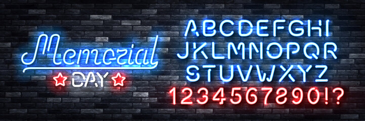 Obraz premium Vector realistic isolated neon sign of Memorial Day with easy to change color alphabet font logo on the wall background.