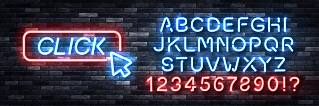 Vector realistic isolated neon sign of Click button logo with easy to change color font alphabet on the wall background.