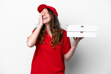 Pizza delivery woman with work uniform picking up pizza boxes isolated on white background smiling...