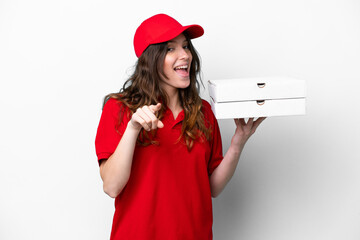 Pizza delivery woman with work uniform picking up pizza boxes isolated on white background...