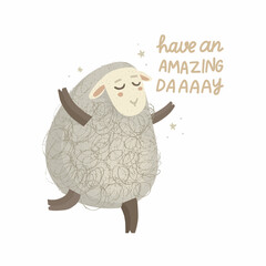 A joyful lamb is dancing. Cute character in cartoon style, simple drawing. The inscription 