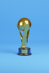 Golden soccer trophy in the shape of a ball isolated on blue background. 3d illustration