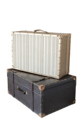 Stack of a vintage leather various color suitcases isolated on white background